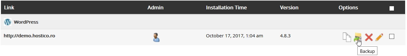 Backup-delen av Softaculous-applikasjonen