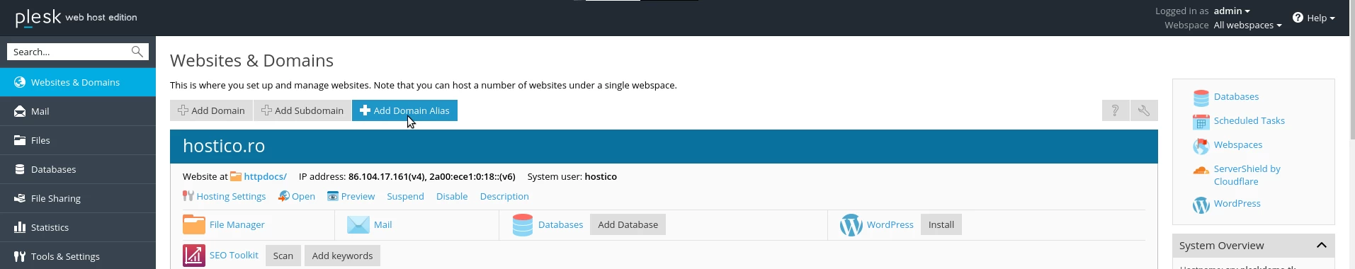 Adaugare domeniu alias panou plesk